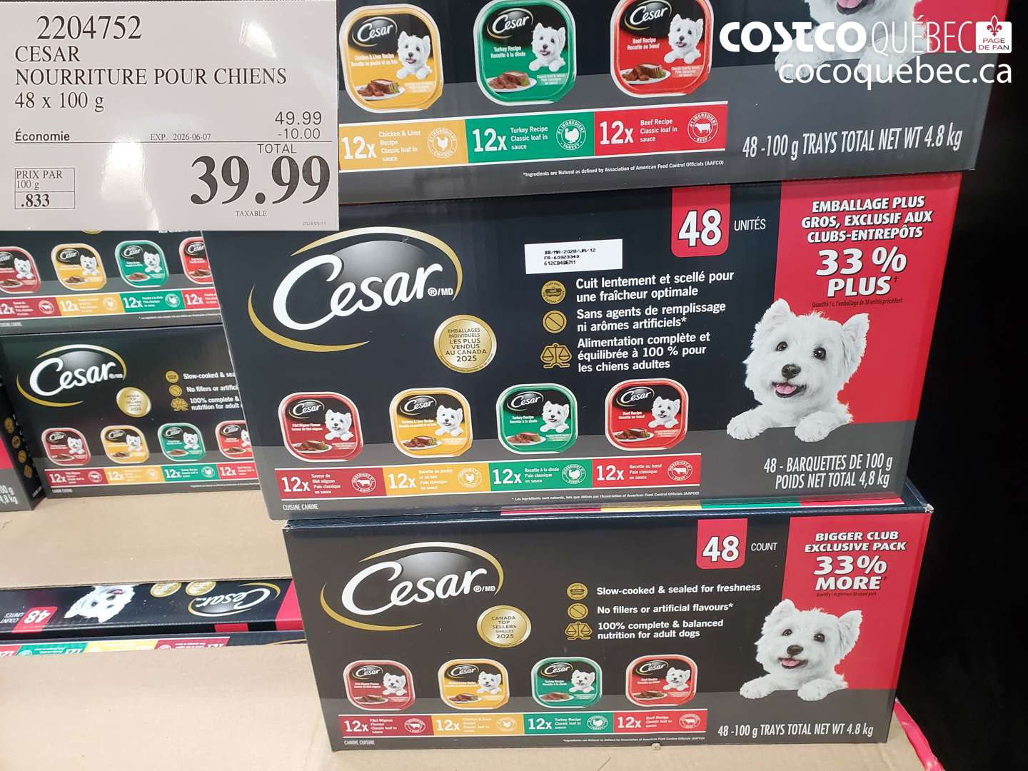 2204752 CESAR NOURRITURE POUR CHIENS 48 X 100 G ($10.00 INSTANT SAVINGS EXPIRES ON 2026-06-07) $39.99