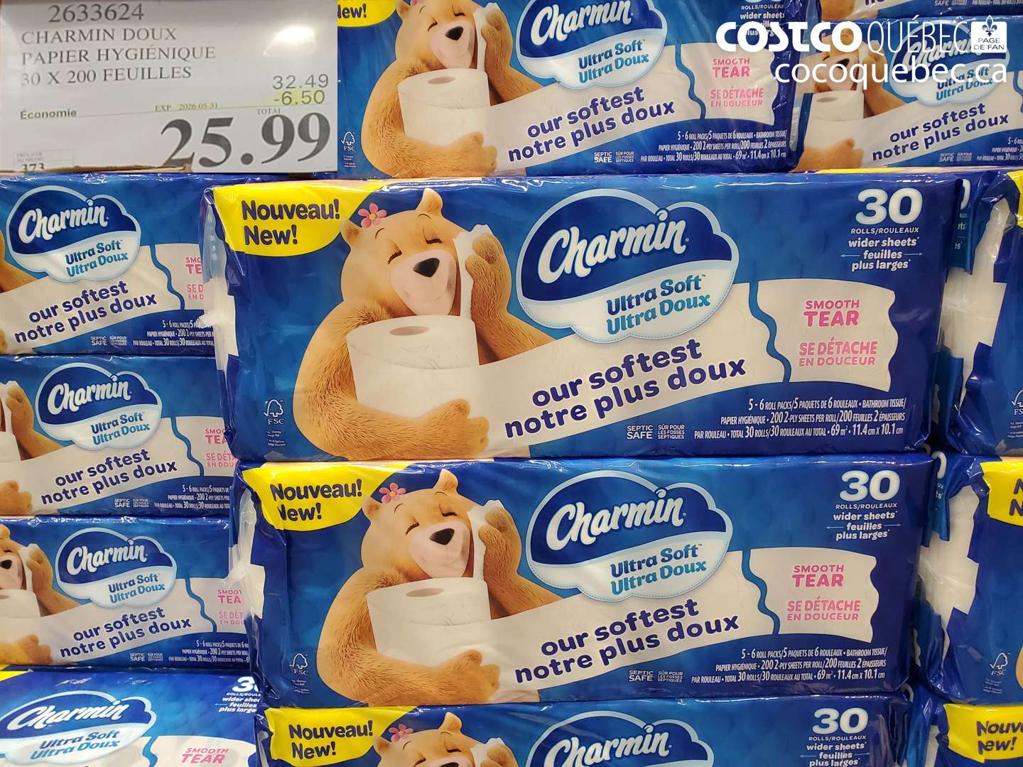 2633624 CHARMIN DOUX PAPIER HYGIENIQUE 30 X 200 FEUILLES ($6.50 INSTANT SAVINGS EXPIRES ON 2026-05-31) $25.99