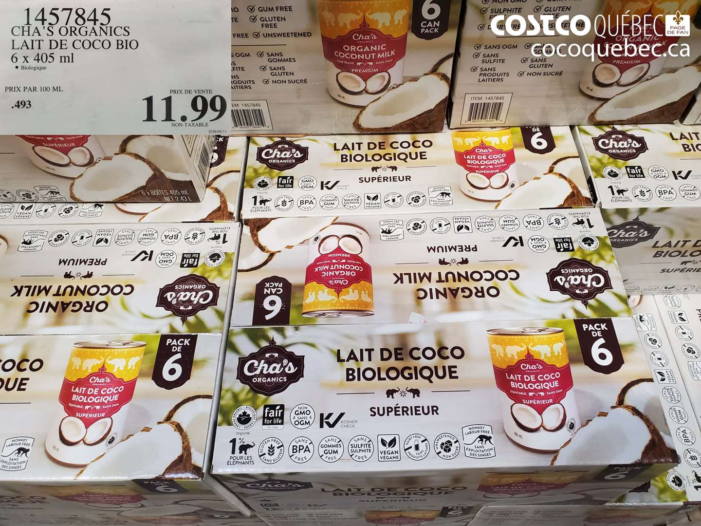 1457845 CHA'S ORGANICS LAIT DE COCO BIO 6 X 405 ML $11.99