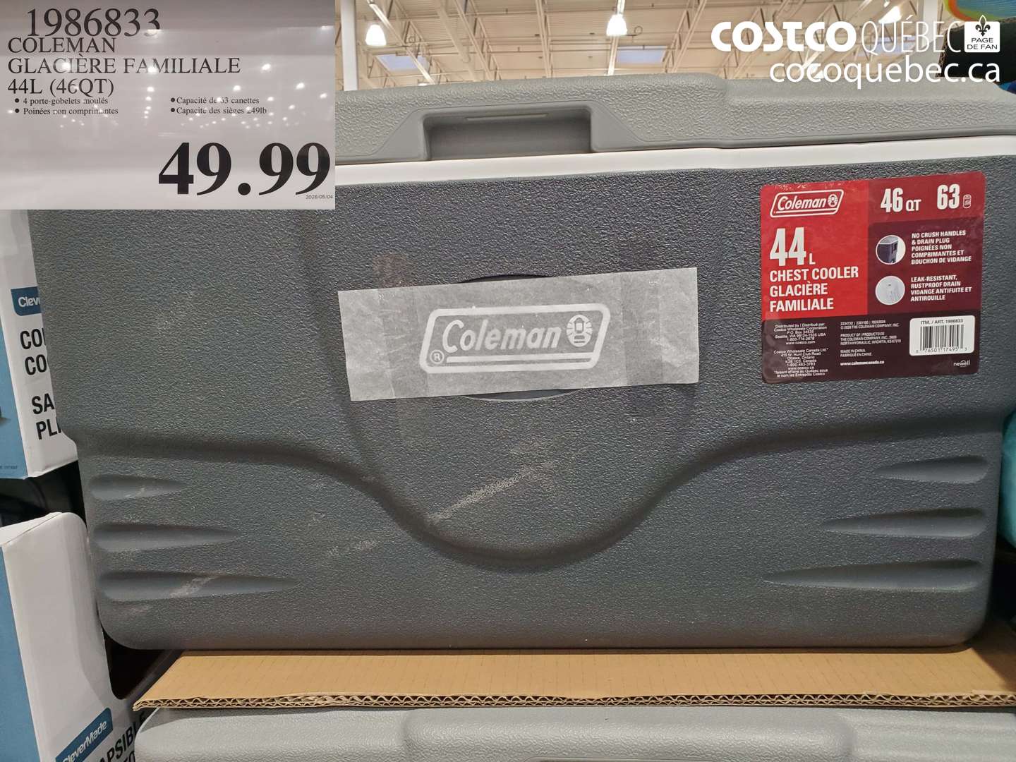 1986833 COLEMAN GLACIÈRE FAMILIALE 44L (46QT) $49.99