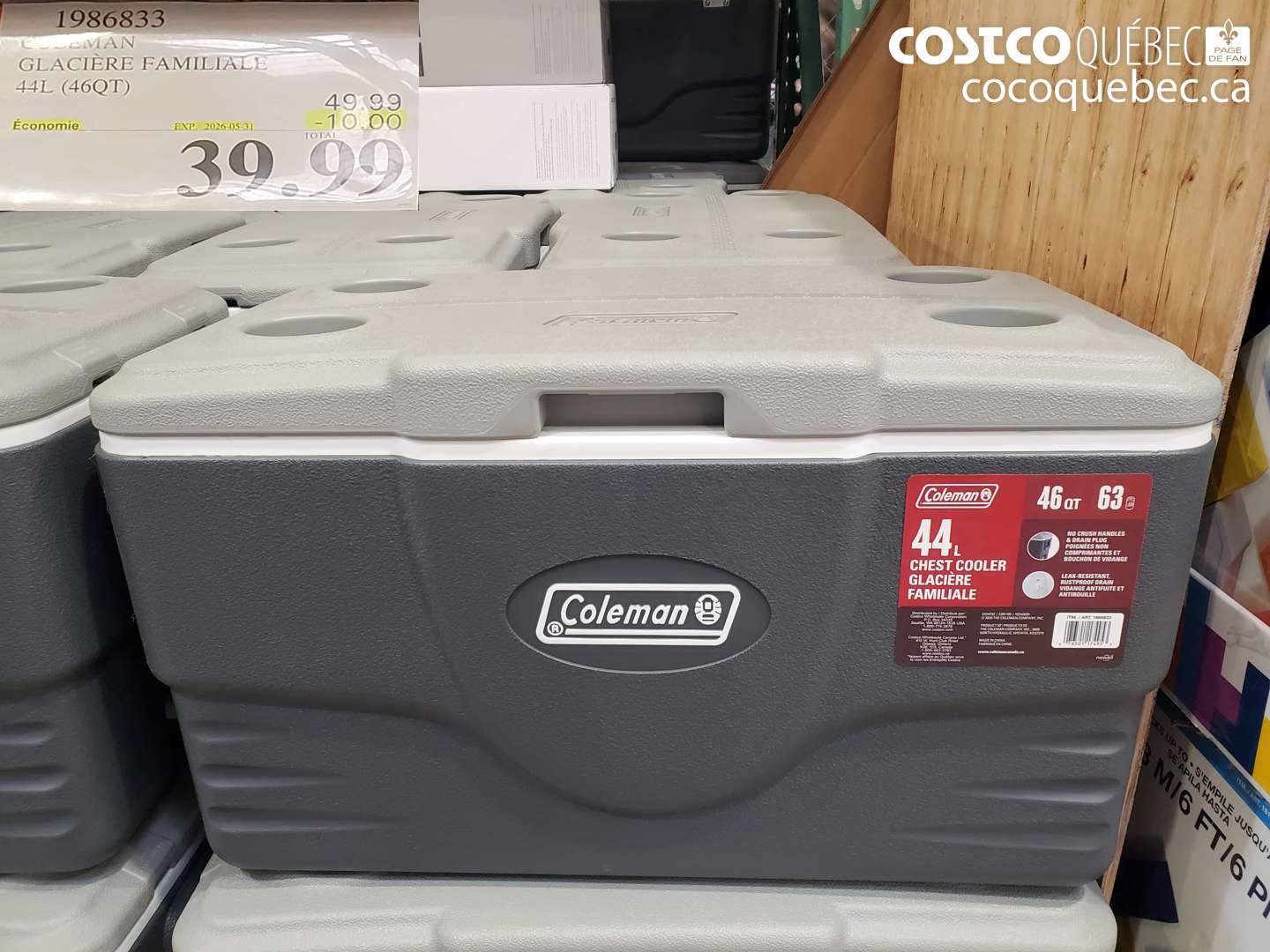 1986833 COLEMAN GLACIÈRE FAMILIALE 44L (46QT) ($10.00 INSTANT SAVINGS EXPIRES ON 2026-05-31) $39.99