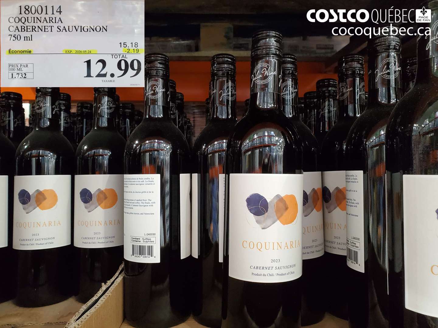 1800114 COQUINARIA CABERNET SAUVIGNON 750 ML ($2.19 INSTANT SAVINGS EXPIRES ON 2026-05-24) $12.99