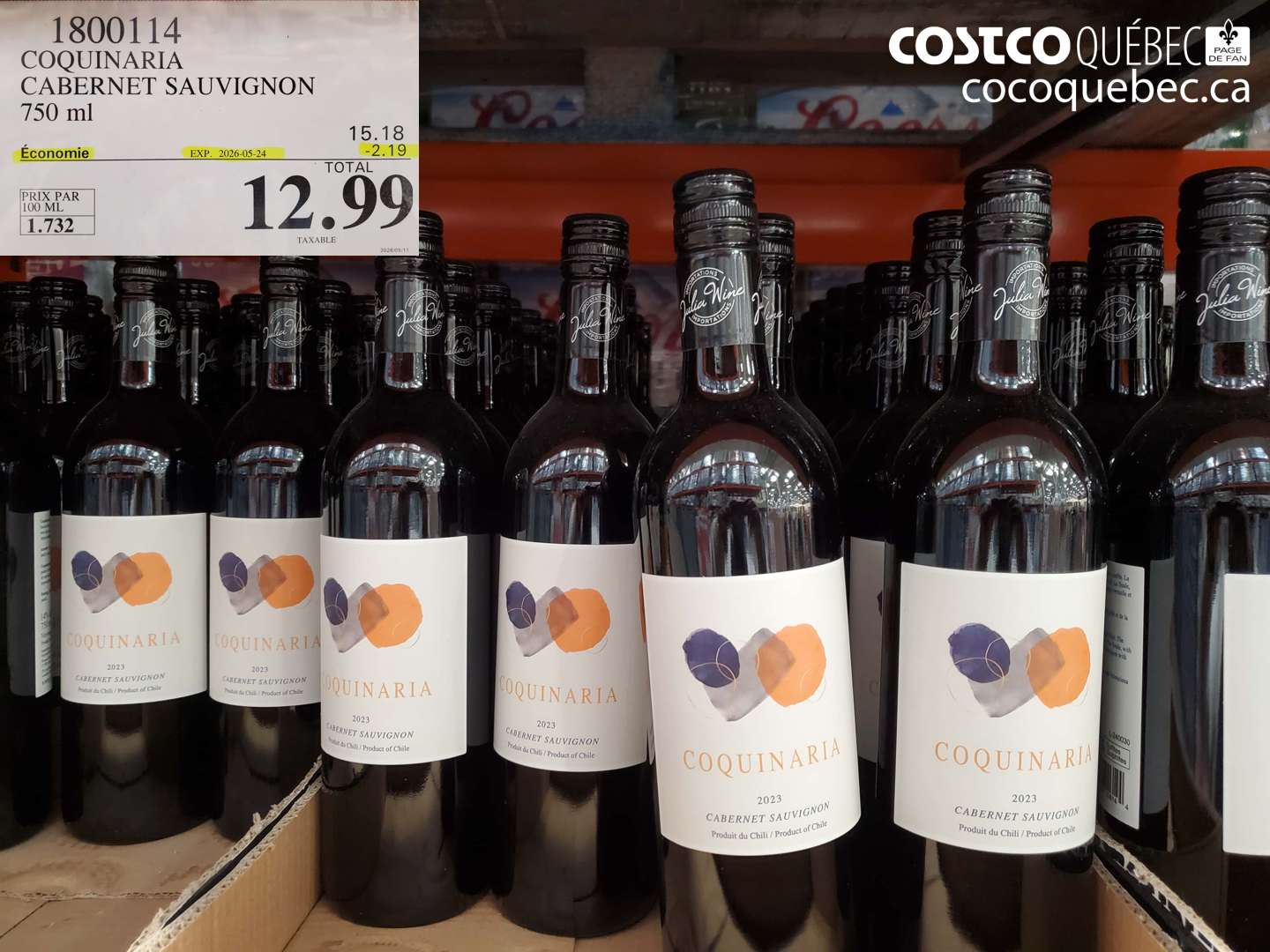 1800114 COQUINARIA CABERNET SAUVIGNON 750 ML ($2.19 INSTANT SAVINGS EXPIRES ON 2026-05-24) $12.99