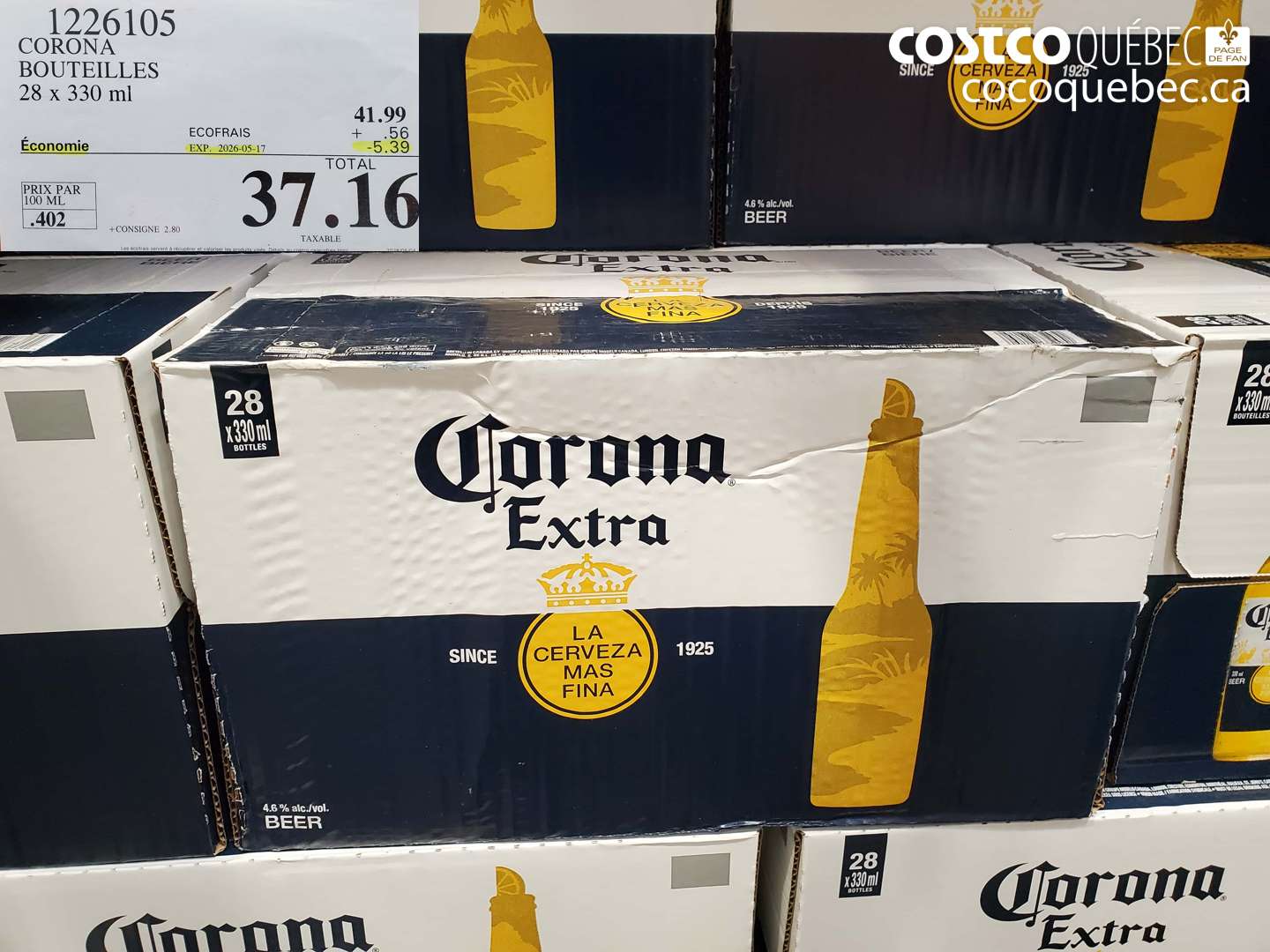 1226105 CORONA BOUTEILLES 28 X 330 ML ($5.39 INSTANT SAVINGS EXPIRES ON 2026-05-17) $37.16