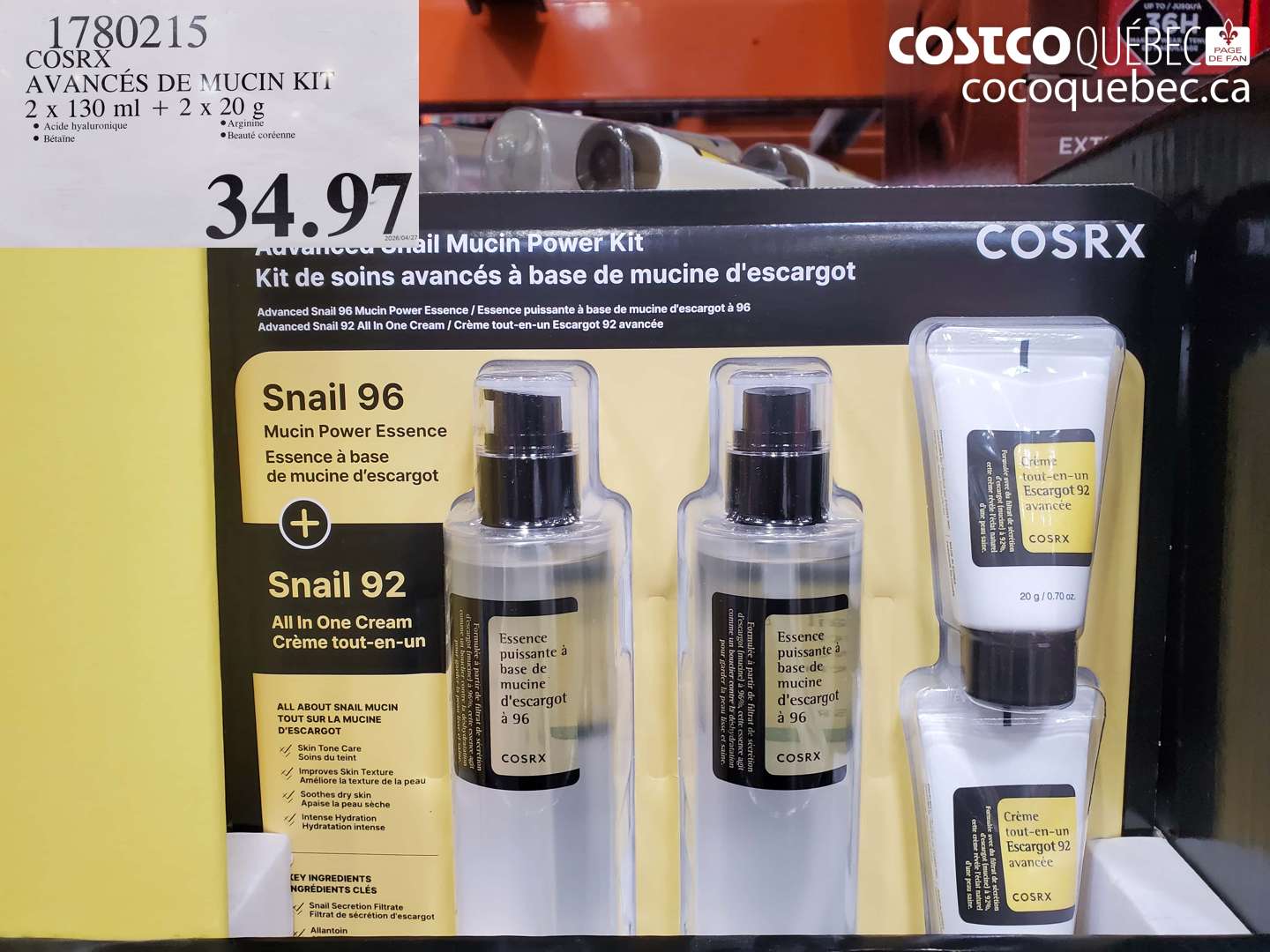 1780215 COSRX AVANCÉS DE MUCIN KIT 2 X 130 ML + 2 X 20 G $34.97