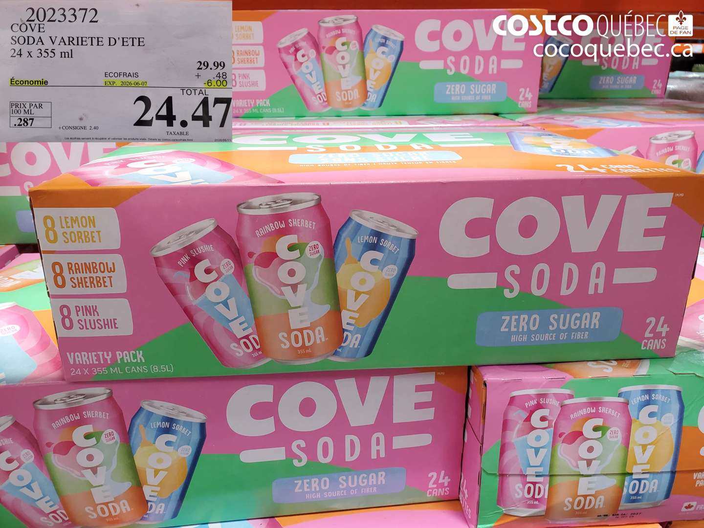 2023372 COVE SODA VARIETE D'ETE 24 X 355 ML ($6.00 INSTANT SAVINGS EXPIRES ON 2026-06-07) $24.47