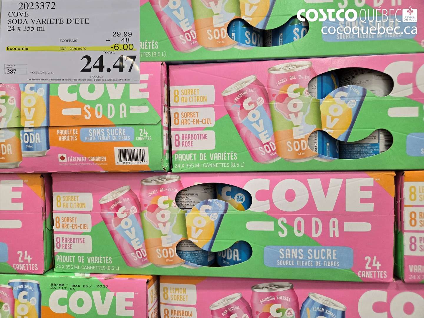 2023372 COVE SODA VARIETE D'ETE 24 X 355 ML ($6.00 INSTANT SAVINGS EXPIRES ON 2026-06-07) $24.47