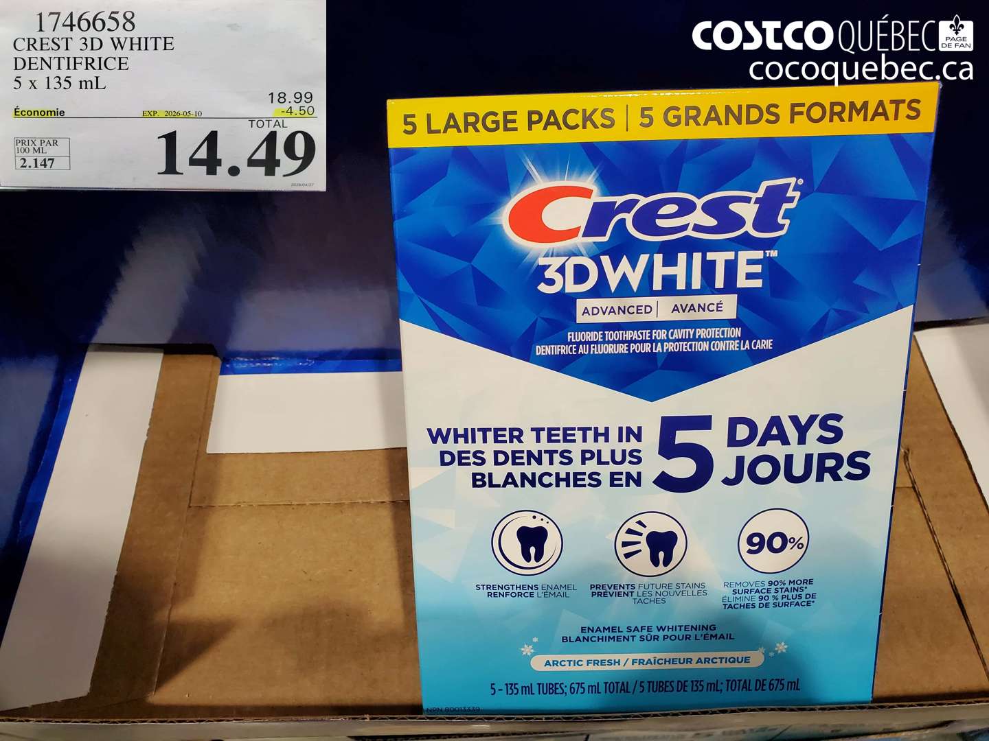 1746658 CREST 3D WHITE DENTIFRICE 5 X 135 ML ($4.50 INSTANT SAVINGS EXPIRES ON 2026-05-10) $14.49