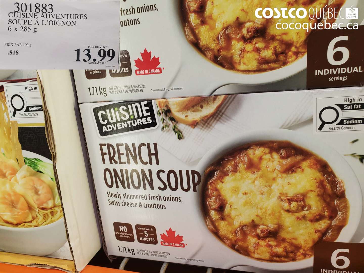 301883 CUISINE ADVENTURES SOUPE À L'OIGNON 6 X 285 G $13.99