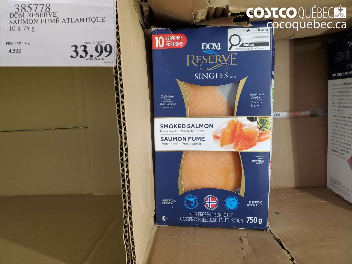385778 DOM RESERVE SAUMON FUMÉ ATLANTIQUE 10 X 75 G $33.99