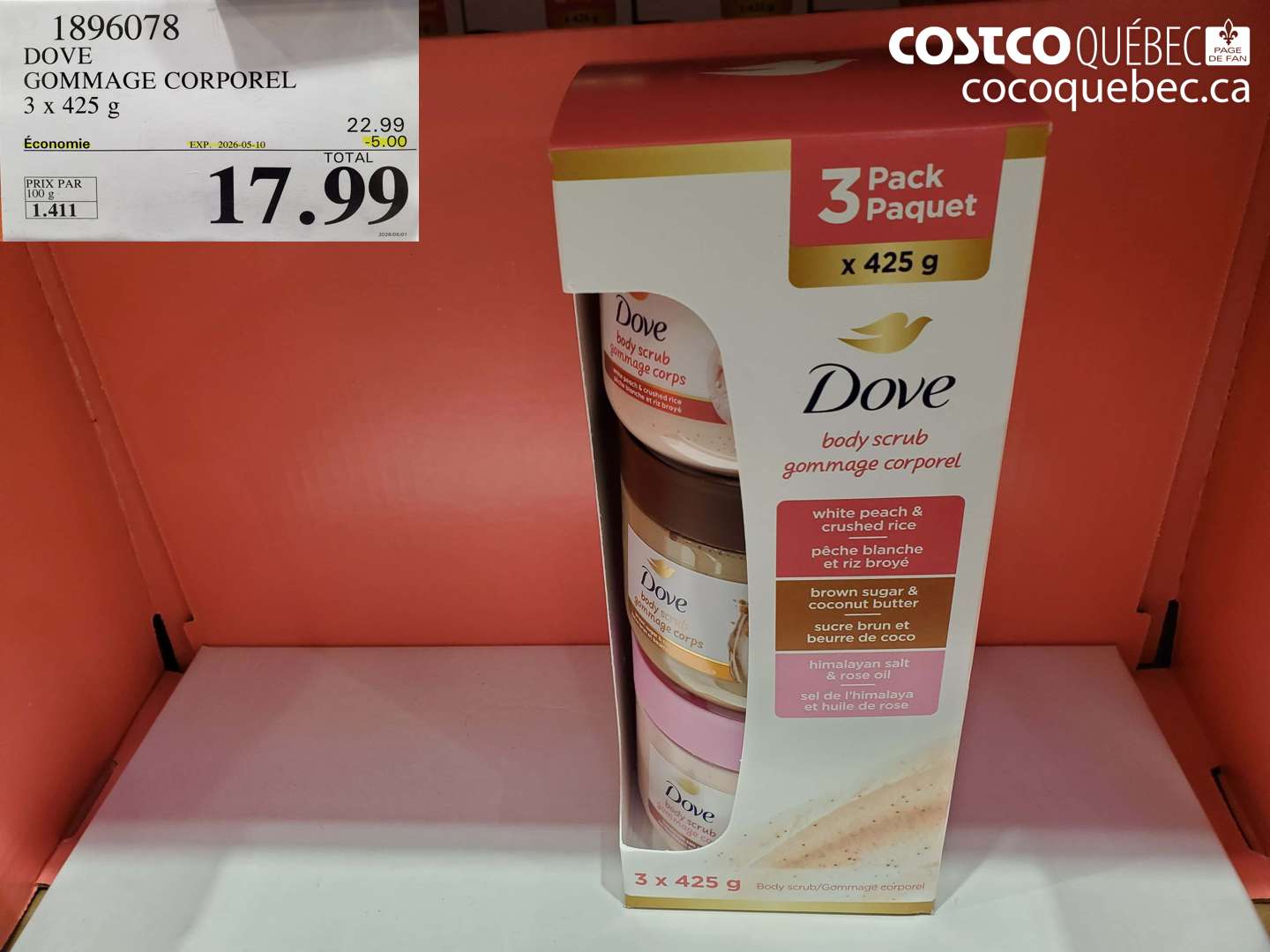 1896078 DOVE GOMMAGE CORPOREL 3 X 425 G ($5.00 INSTANT SAVINGS EXPIRES ON 2026-05-10) $17.99