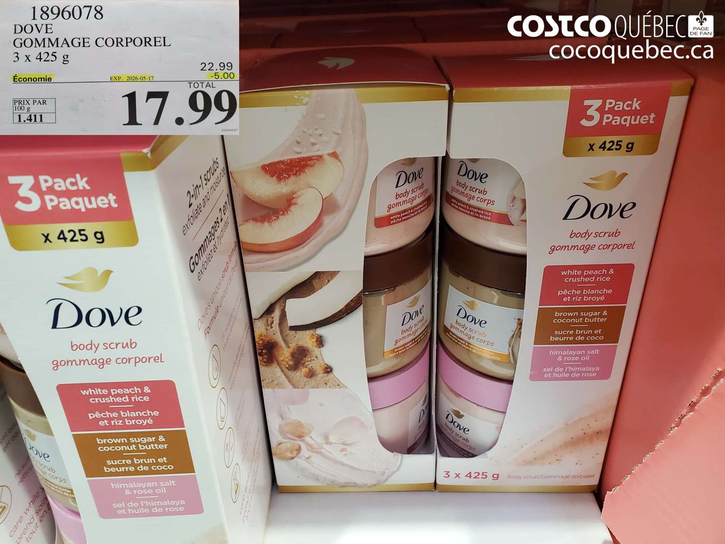 1896078 DOVE GOMMAGE CORPOREL 3 X 425 G ($5.00 INSTANT SAVINGS EXPIRES ON 2026-05-17) $17.99