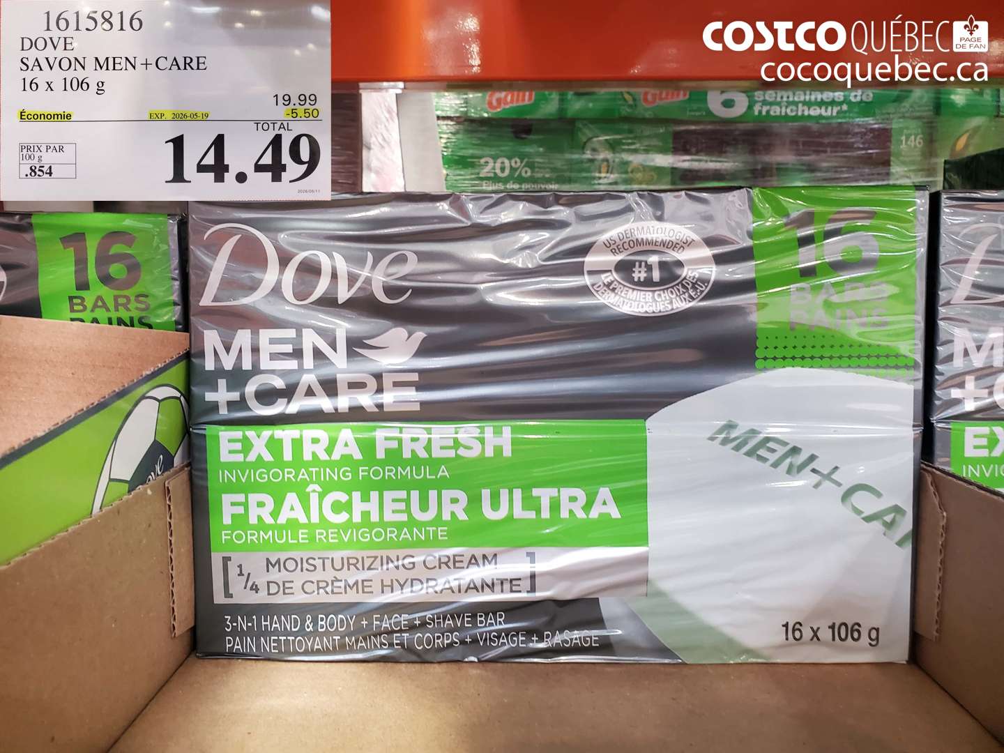 1615816 DOVE SAVON MEN+CARE 16 X 106 G ($5.50 INSTANT SAVINGS EXPIRES ON 2026-05-19) $14.49