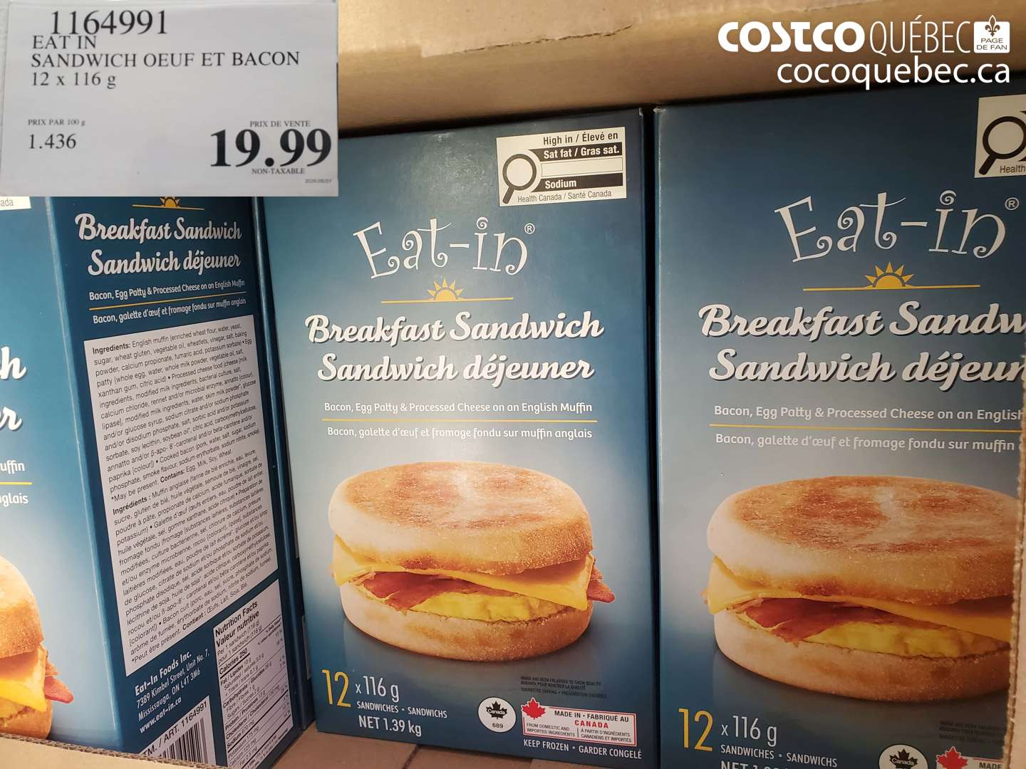 1164991 EAT IN SANDWICH OEUF ET BACON 12 X 116 G $19.99