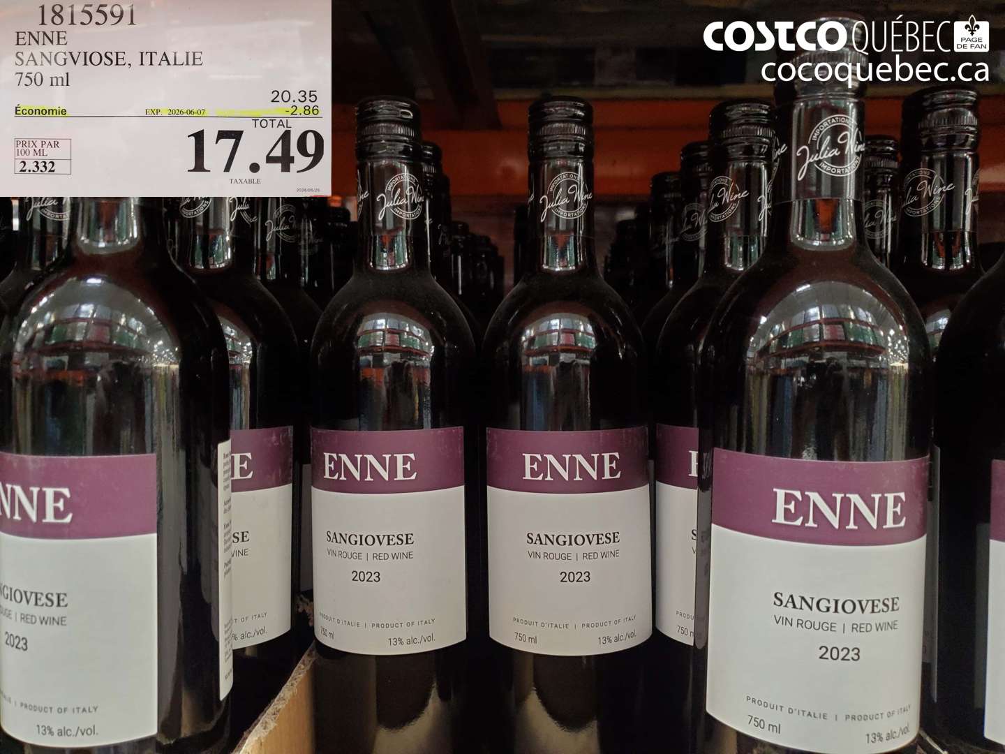 1815591 ENNE SANGVIOSE, ITALIE 750 ML ($2.86 INSTANT SAVINGS EXPIRES ON 2026-06-07) $17.49