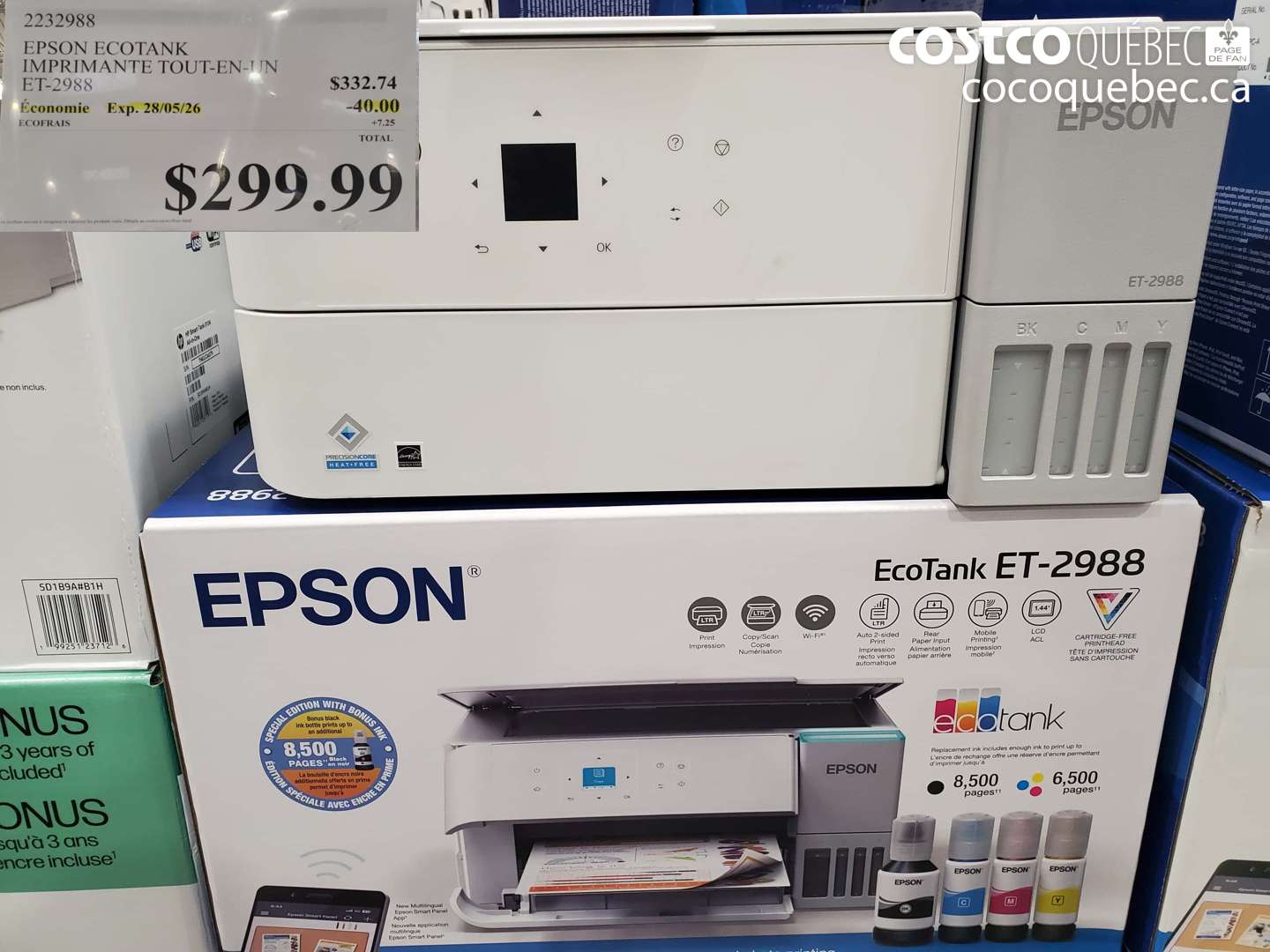 2232988 EPSON ECOTANK IMPRIMANTE TOUT-EN-UN ET-2988 ($40.00 INSTANT SAVINGS EXPIRES ON 2026-05-28) $299.99