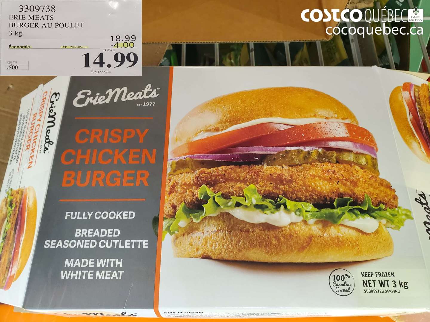 3309738 ERIE MEATS BURGER AU POULET 3 KG ($4.00 INSTANT SAVINGS EXPIRES ON 2026-05-10) $14.99