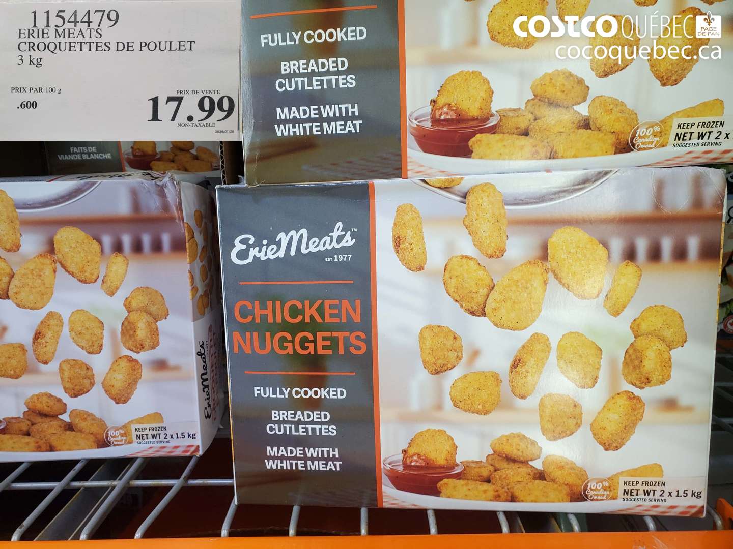 1154479 ERIE MEATS CROQUETTES DE POULET 3 KG $17.99