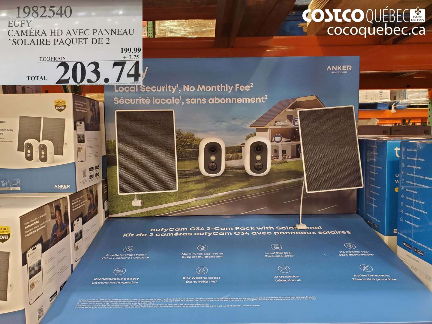 1982540 EUFY CAMÉRA HD AVEC PANNEAU SOLAIRE PAQUET DE 2 $203.74