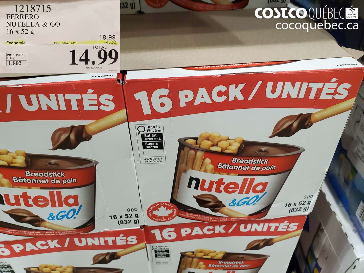 1218715 FERRERO NUTELLA & GO 16 X 52 G ($4.00 INSTANT SAVINGS EXPIRES ON 2026-05-17) $14.99
