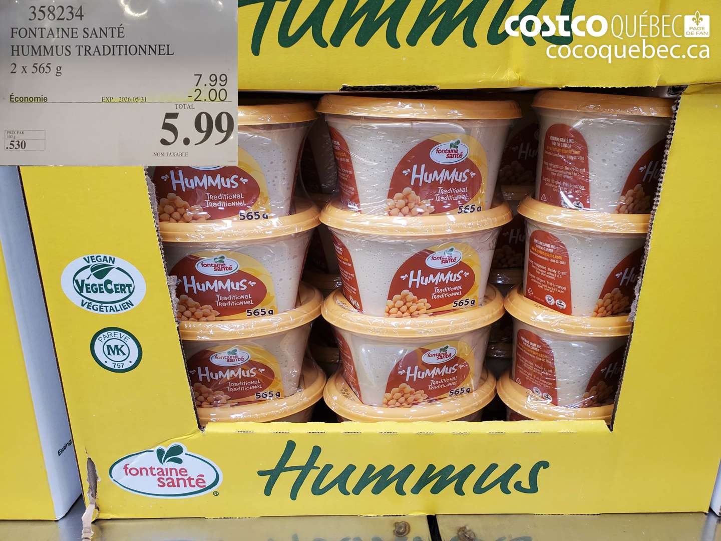 358234 FONTAINE SANTÉ HUMMUS TRADITIONNEL 2 X 565 G ($2.00 INSTANT SAVINGS EXPIRES ON 2026-05-31) $5.99