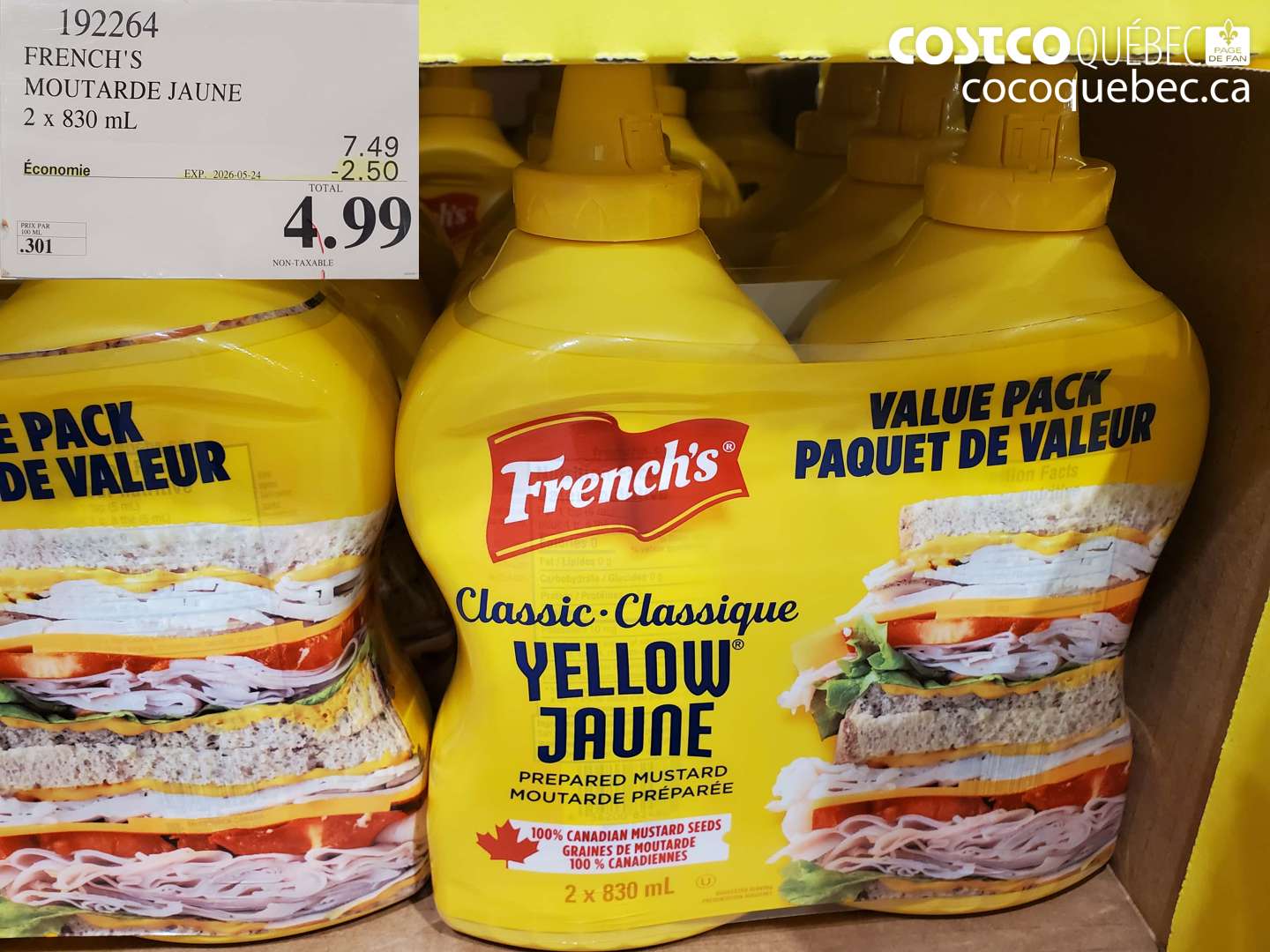 192264 FRENCH'S MOUTARDE JAUNE 2 X 830 ML ($2.50 INSTANT SAVINGS EXPIRES ON 2026-05-24) $4.99