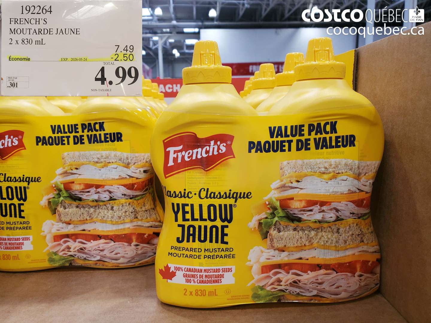 192264 FRENCH'S MOUTARDE JAUNE 2 X 830 ML ($2.50 INSTANT SAVINGS EXPIRES ON 2026-05-24) $4.99