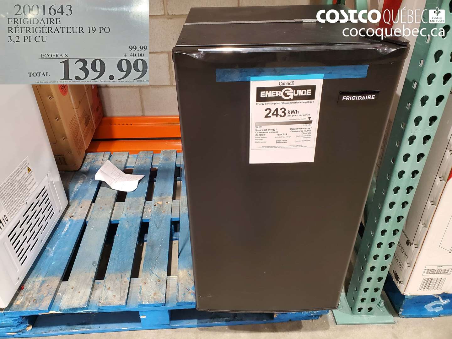 2001643 FRIGIDAIRE RÉFRIGÉRATEUR 19 PO 3.2 PI CU $139.99