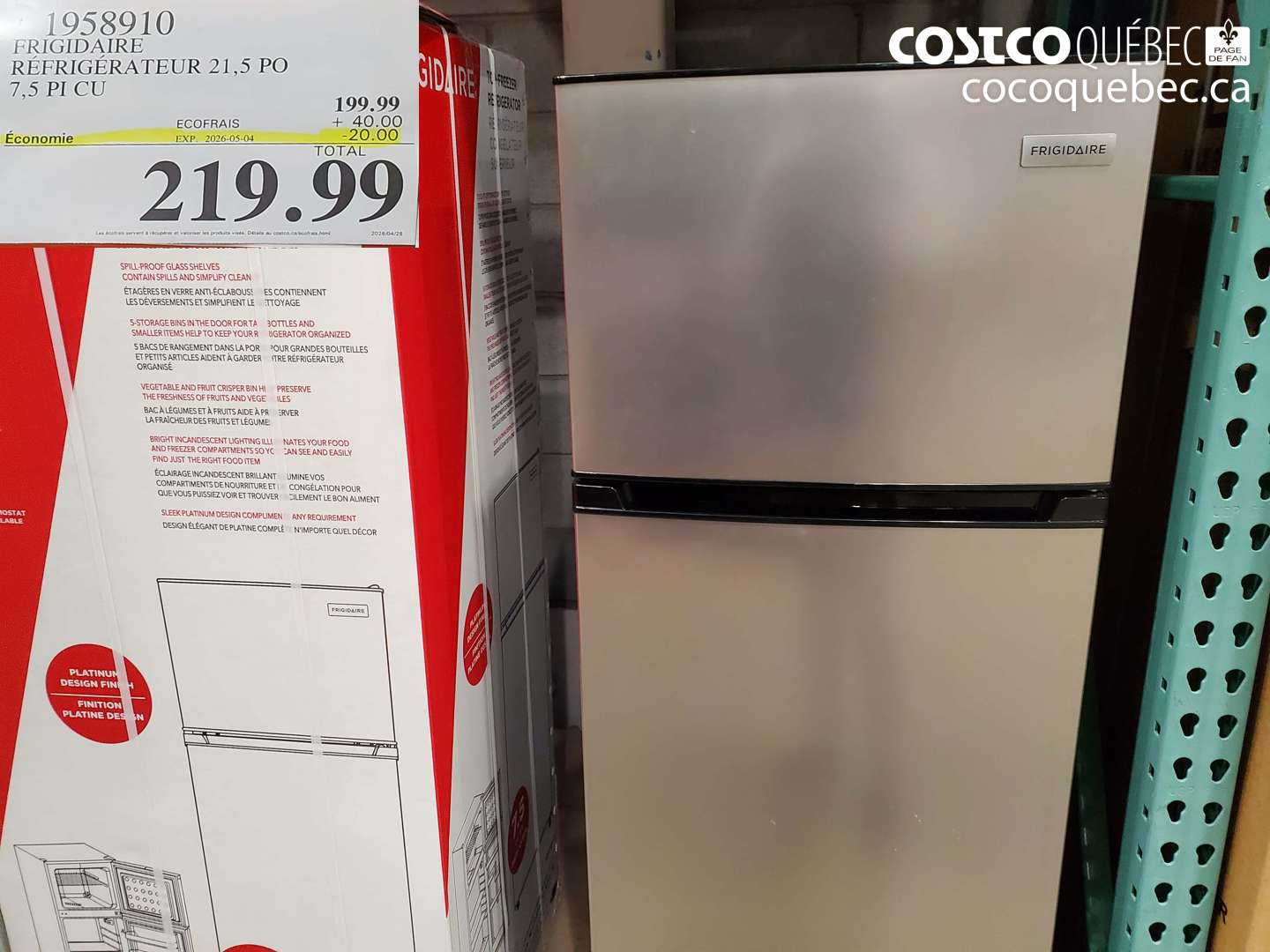 1958910 FRIGIDAIRE RÉFRIGÉRATEUR 21.5 PO 7.5 PI CU ($20.00 INSTANT SAVINGS EXPIRES ON 2026-05-04) $219.99