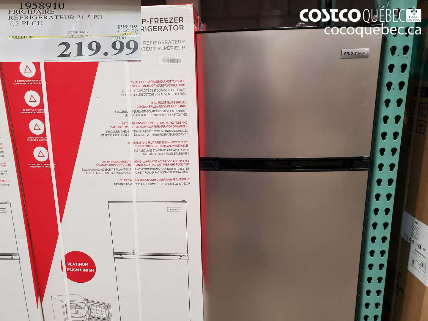 1958910 FRIGIDAIRE RÉFRIGÉRATEUR 21.5 PO 7.5 PI CU ($20.00 INSTANT SAVINGS EXPIRES ON 2026-05-11) $219.99