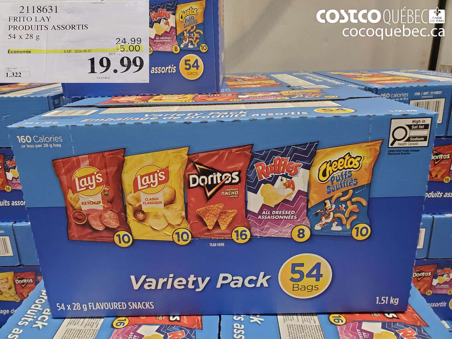 2118631 FRITO LAY PRODUITS ASSORTIS 54 X 28 G ($5.00 INSTANT SAVINGS EXPIRES ON 2026-06-07) $19.99