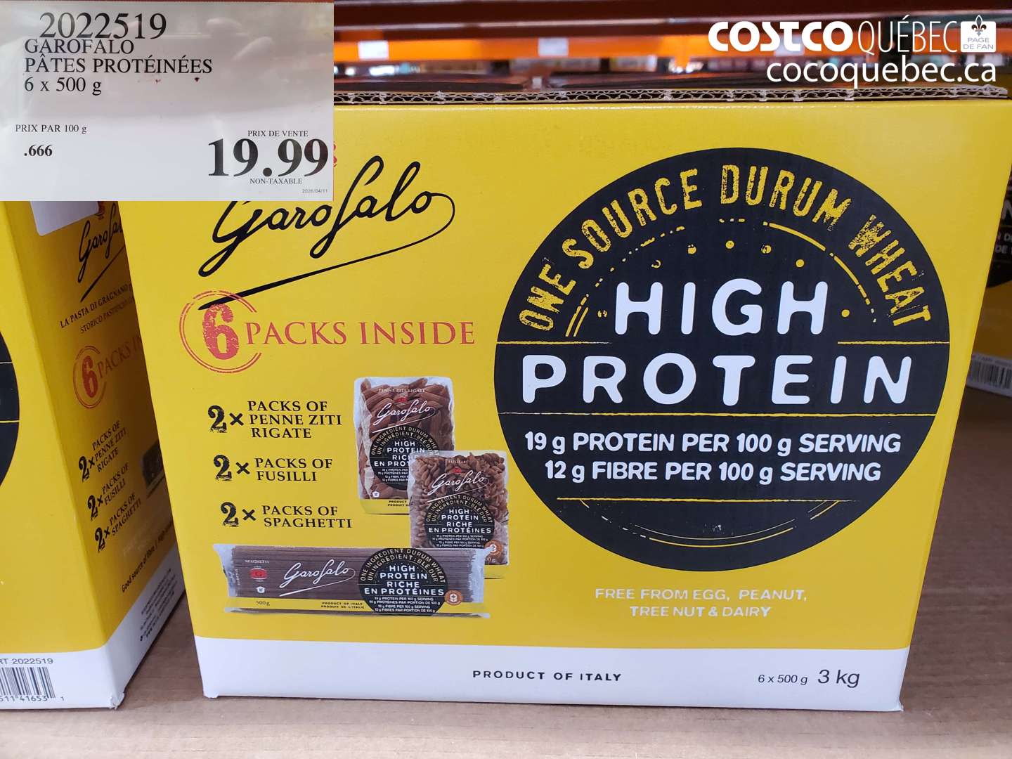 2022519 GAROFALO PÂTES PROTÉINÉES 6 X 500 G $19.99