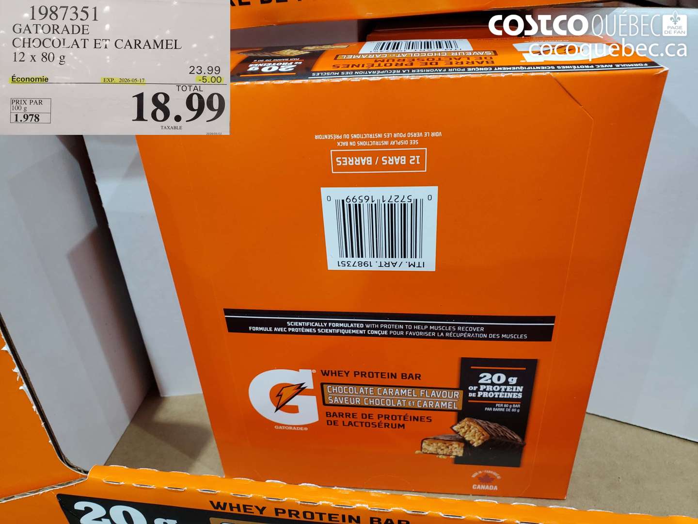 1987351 GATORADE CHOCOLAT ET CARAMEL 12 X 80 G ($5.00 INSTANT SAVINGS EXPIRES ON 2026-05-17) $18.99