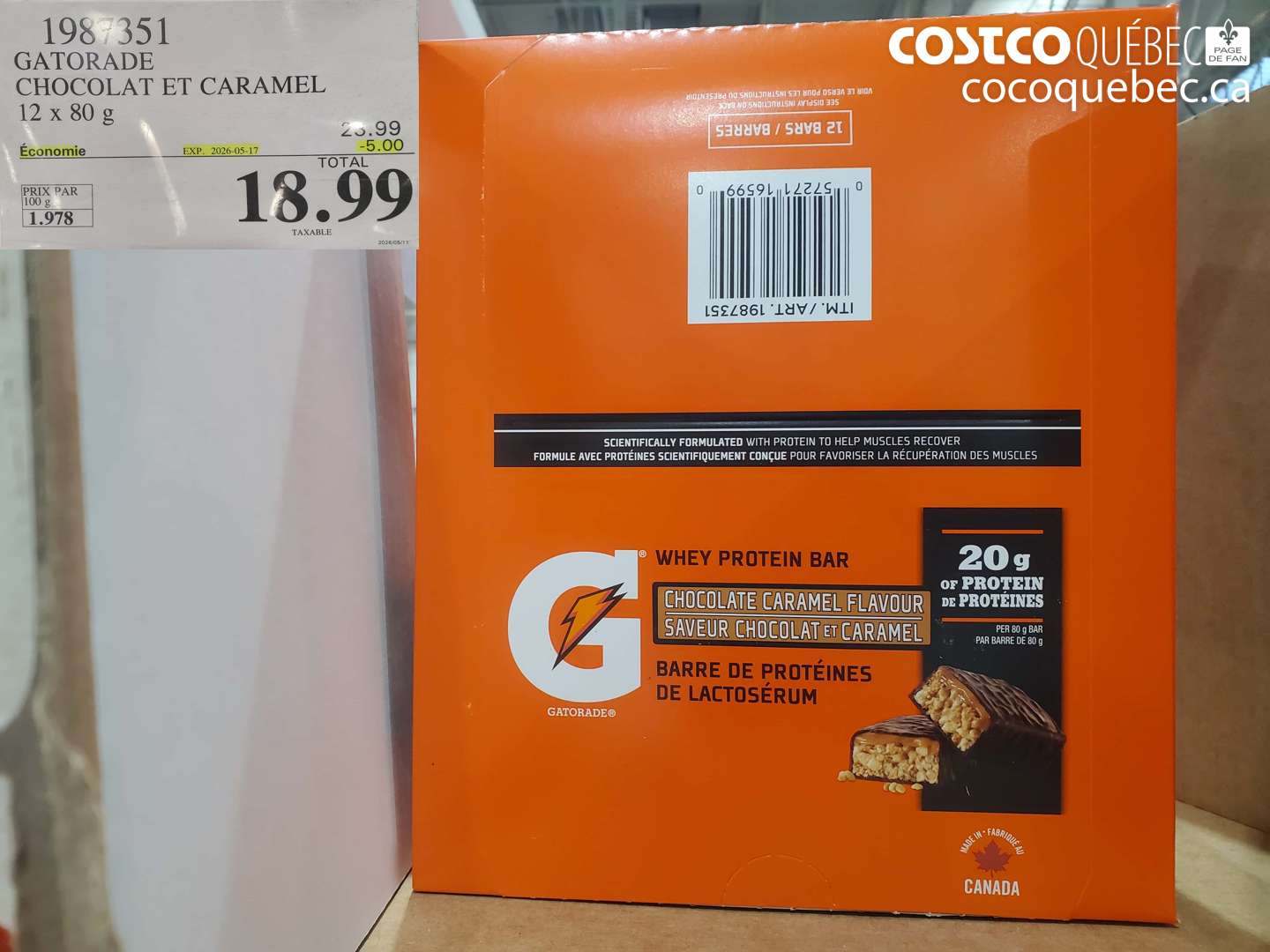 1987351 GATORADE CHOCOLAT ET CARAMEL 12 X 80 G ($5.00 INSTANT SAVINGS EXPIRES ON 2026-05-17) $18.99