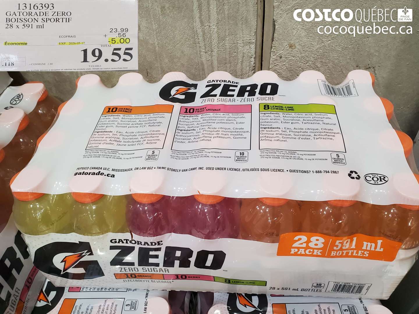 1316393 GATORADE ZERO BOISSON SPORTIF 28 X 591 ML ($5.00 INSTANT SAVINGS EXPIRES ON 2026-05-17) $19.55