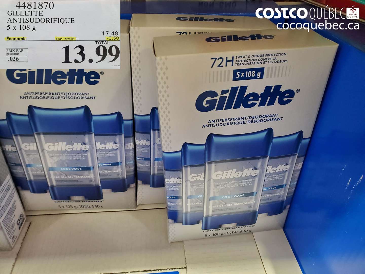 4481870 GILLETTE ANTISUDORIFIQUE 5 X 108 G ($3.50 INSTANT SAVINGS EXPIRES ON 2026-05-10) $13.99