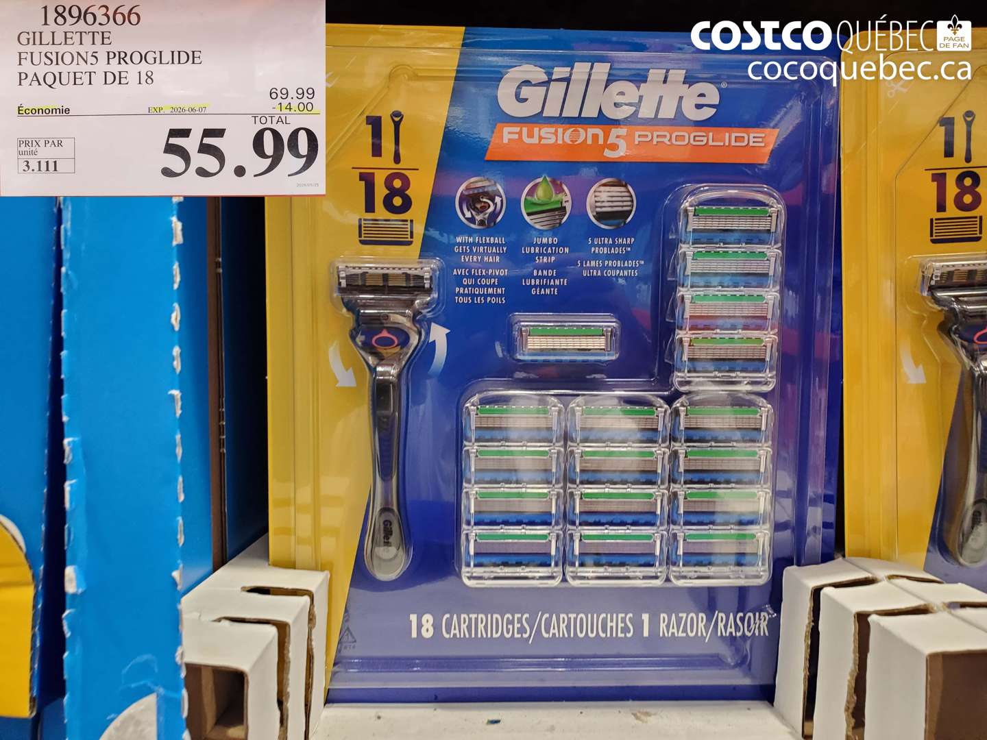 1896366 GILLETTE FUSION5 PROGLIDE PAQUET DE 18 ($14.00 INSTANT SAVINGS EXPIRES ON 2026-06-07) $55.99
