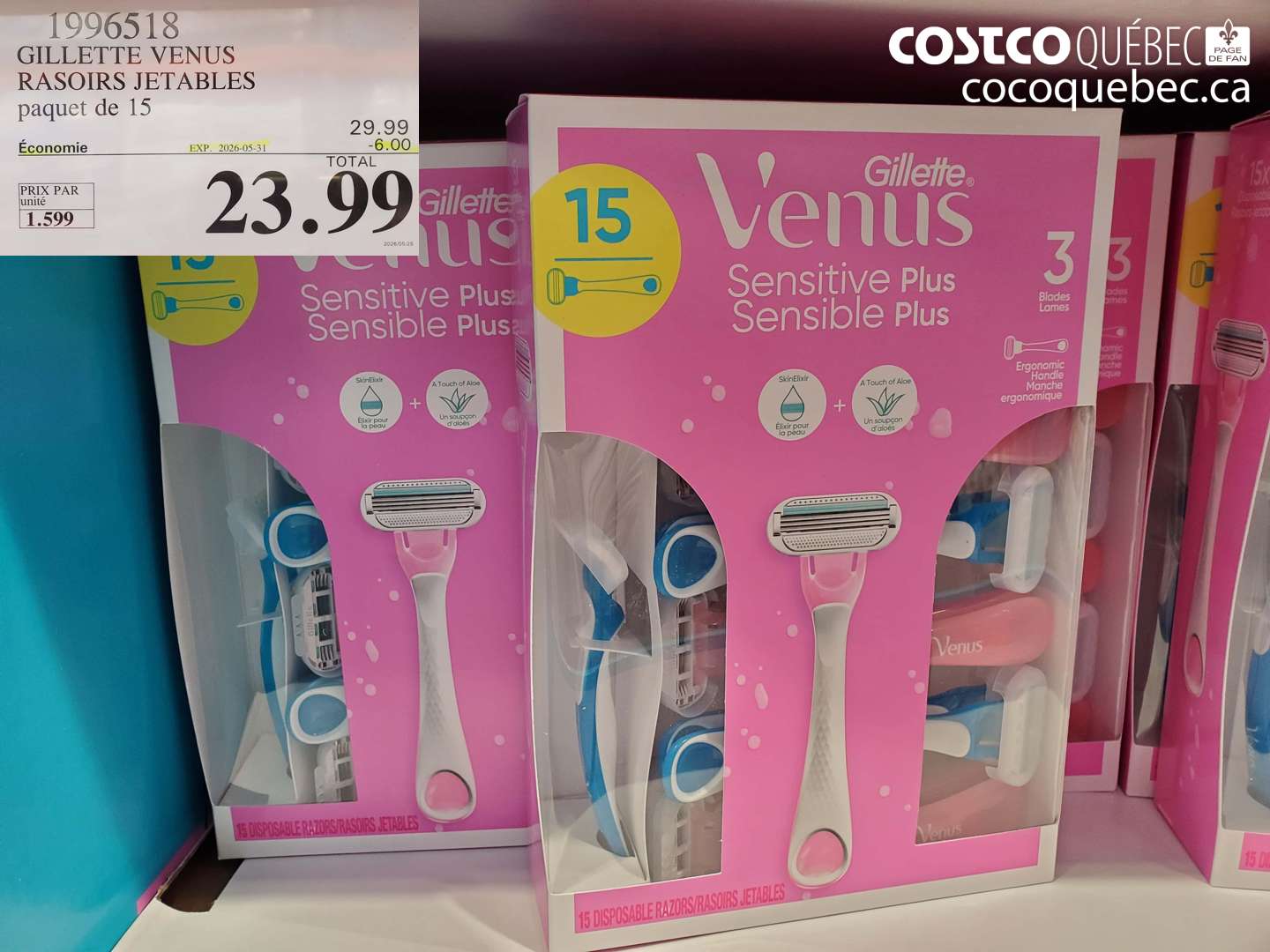 1996518 GILLETTE VENUS RASOIRS JETABLES PAQUET DE 15 ($6.00 INSTANT SAVINGS EXPIRES ON 2026-05-31) $23.99