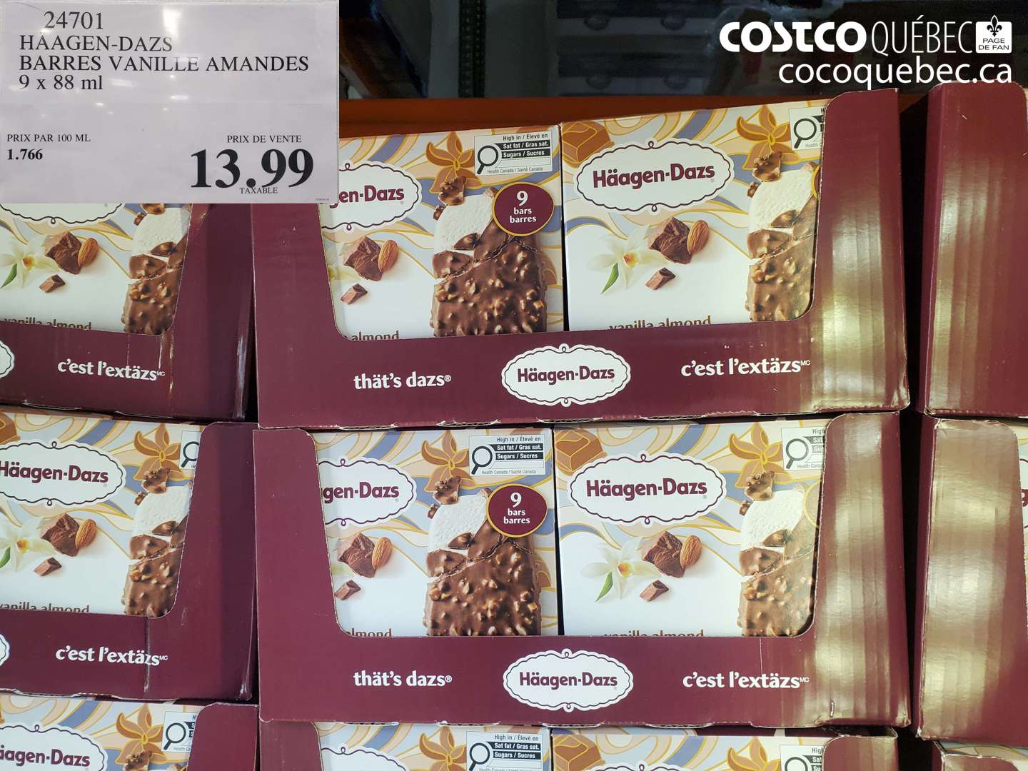 24701 HAAGEN-DAZS BARRES VANILLE AMANDES 9 X 88 ML $13.99