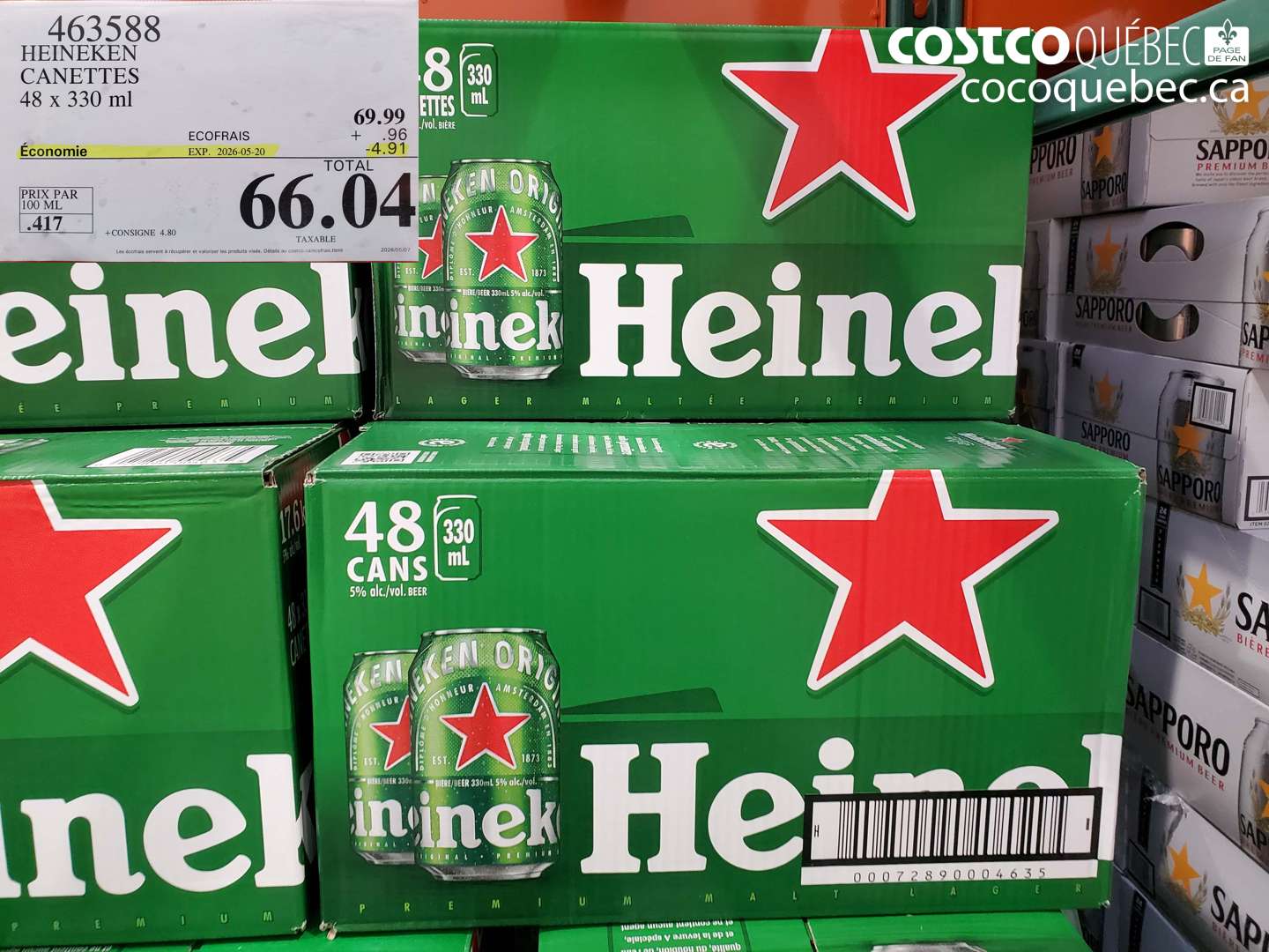 463588 HEINEKEN CANETTES 48 X 330 ML ($4.91 INSTANT SAVINGS EXPIRES ON 2026-05-20) $66.04