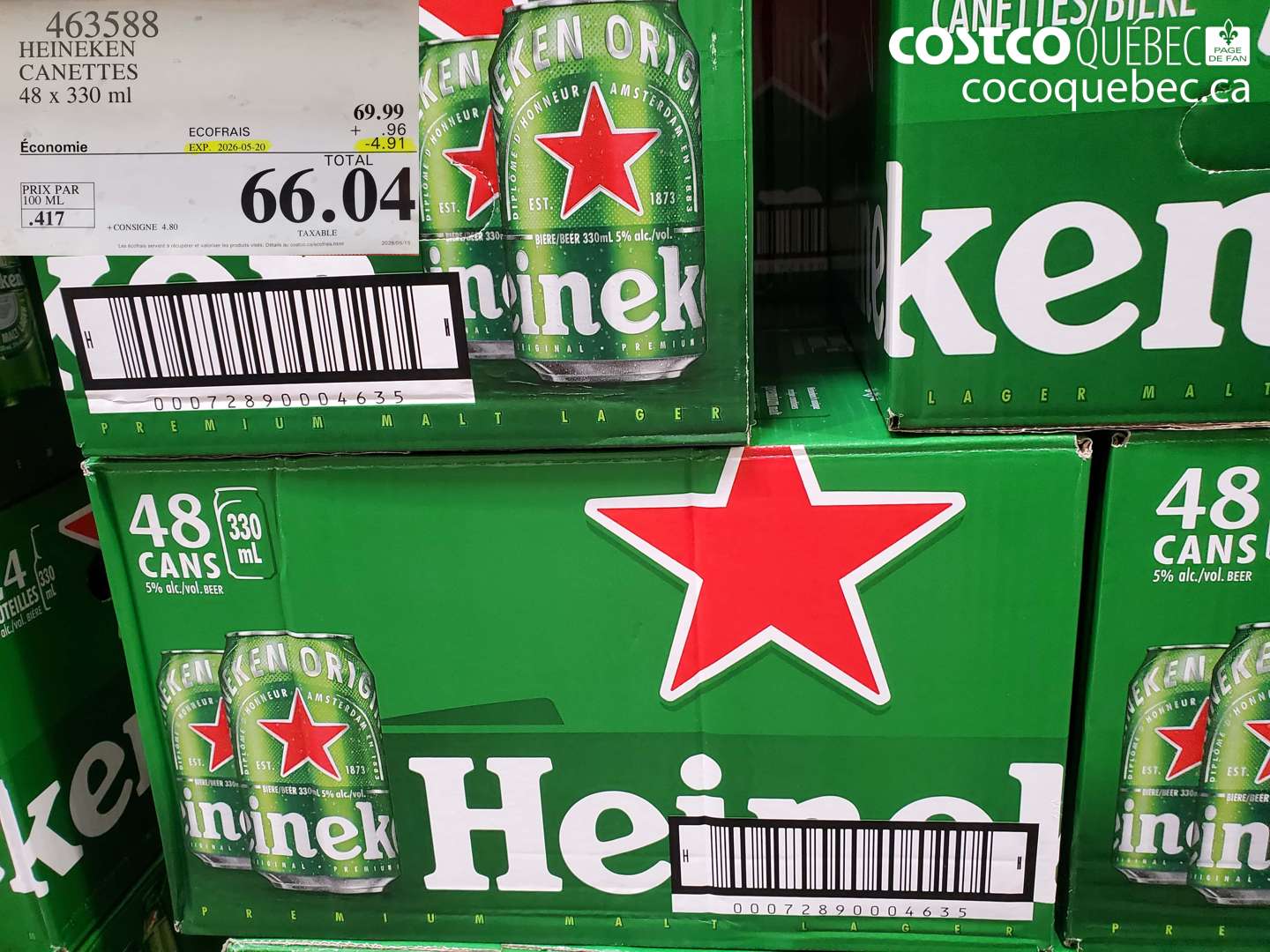 463588 HEINEKEN CANETTES 48 X 330 ML ($4.91 INSTANT SAVINGS EXPIRES ON 2026-05-20) $66.04