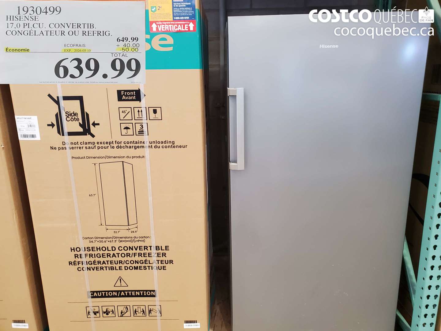 1930499 HISENSE 17.0 PI.CU. CONVERTIB. CONGÉLATEUR OU REFRIG. ($50.00 INSTANT SAVINGS EXPIRES ON 2026-05-10) $639.99