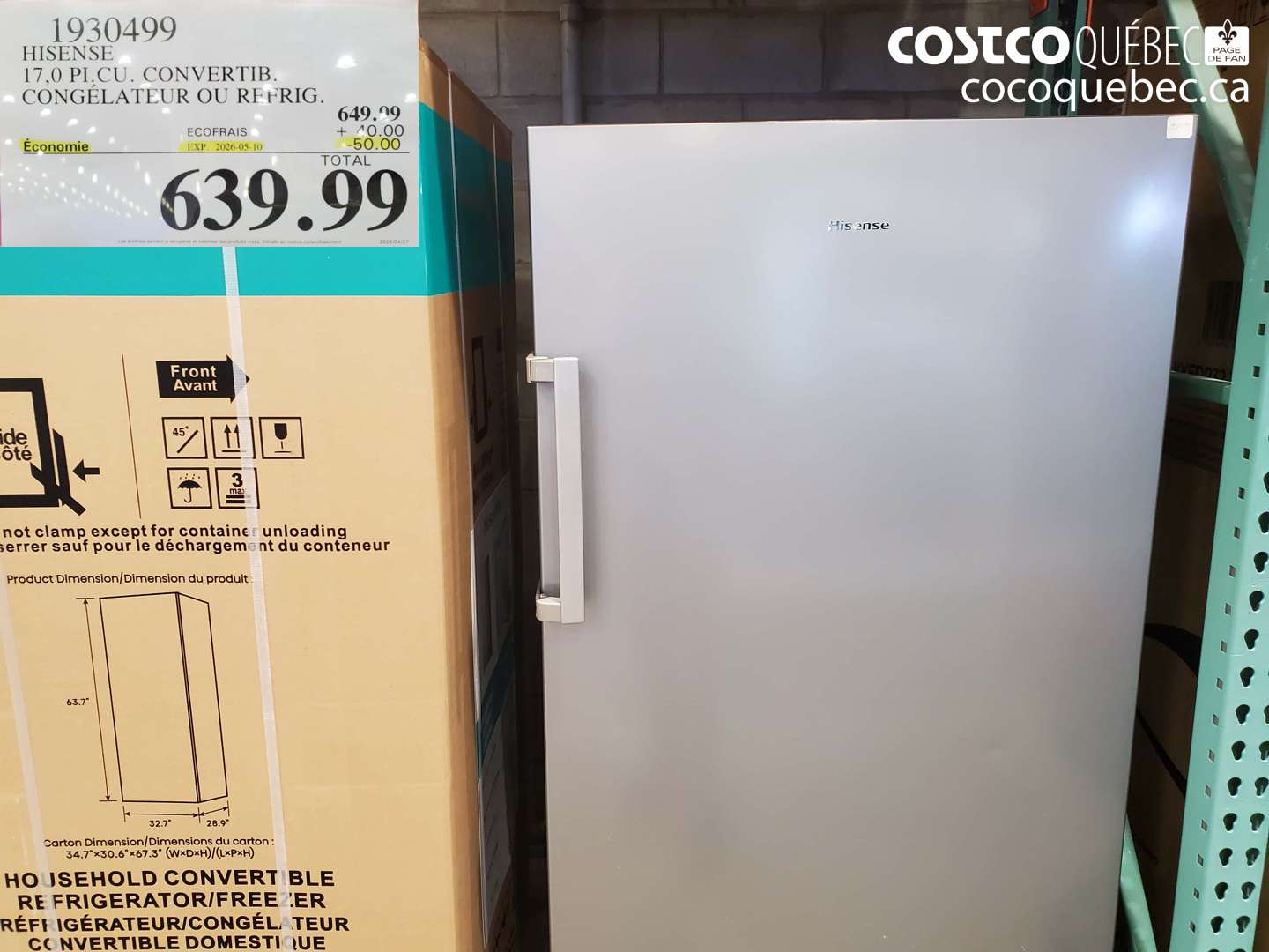 1930499 HISENSE 17.0 PI.CU. CONVERTIB. CONGÉLATEUR OU RÉFRIG. ($50.00 INSTANT SAVINGS EXPIRES ON 2026-05-10) $639.99