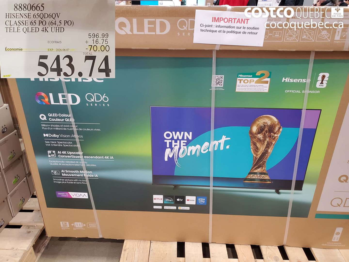8880665 HISENSE 65QD6QV CLASSE 65 PO (64.5 PO) TÉLÉ QLED 4K UHD ($70.00 INSTANT SAVINGS EXPIRES ON 2026-06-07) $543.74