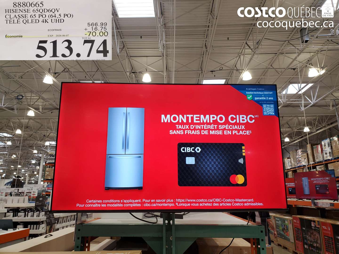 8880665 HISENSE 65QD6QV CLASSE 65 PO (64.5 PO) TÉLÉ QLED 4K UHD ($70.00 INSTANT SAVINGS EXPIRES ON 2026-06-07) $513.74