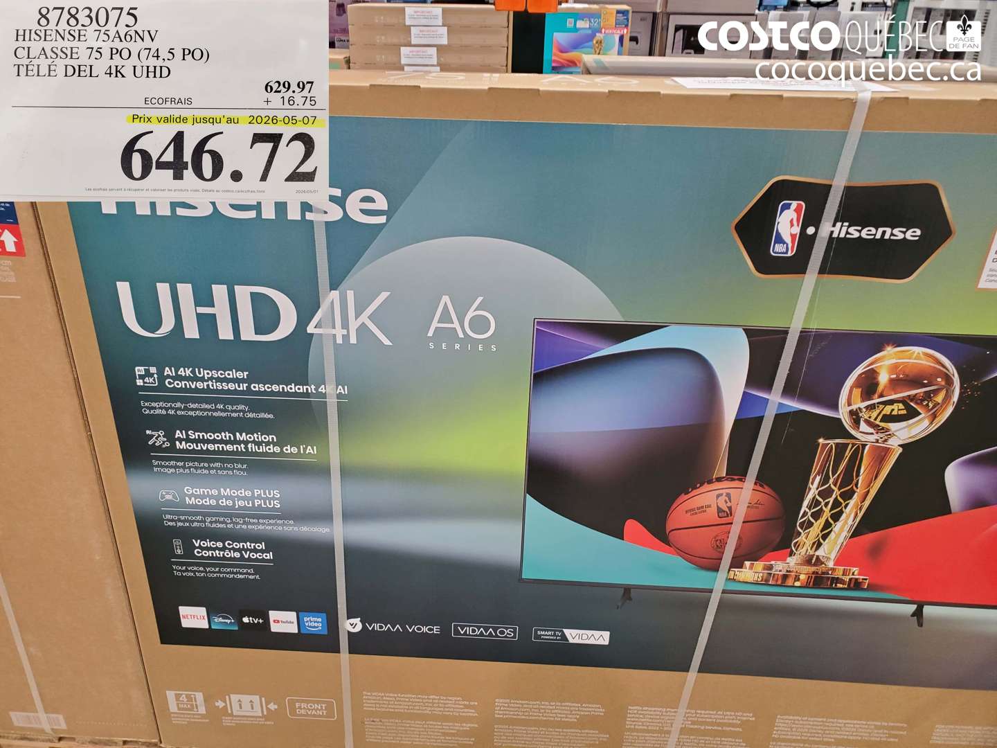 8783075 HISENSE 75A6NV CLASSE 75 PO (74.5 PO) TÉLÉ DEL 4K UHD (EXPIRES ON 2026-05-07) $646.72