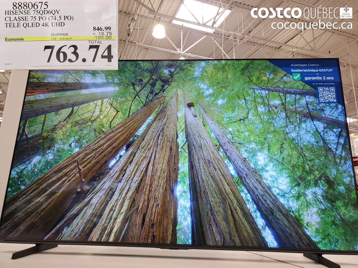 8880675 HISENSE 75QD6QV CLASSE 75 PO (74.5 PO) TÉLÉ QLED 4K UHD ($100.00 INSTANT SAVINGS EXPIRES ON 2026-06-07) $763.74