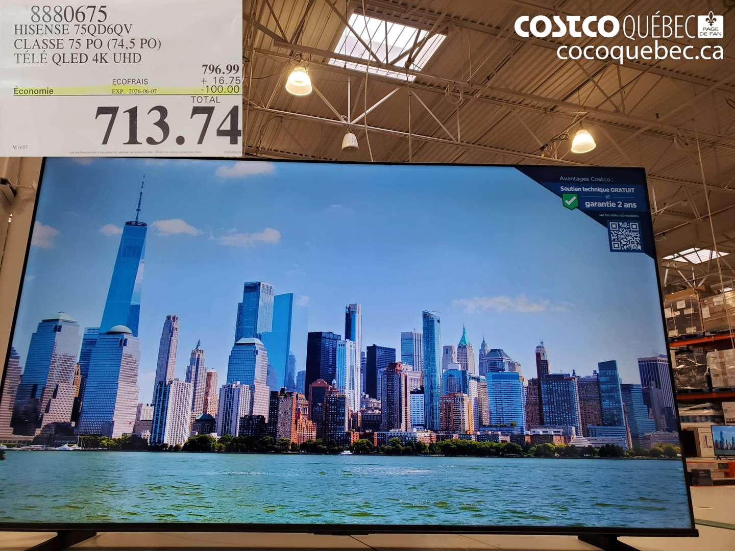 8880675 HISENSE 75QD6QV CLASSE 75 PO (74.5 PO) TÉLÉ QLED 4K UHD ($100.00 INSTANT SAVINGS EXPIRES ON 2026-06-07) $713.74