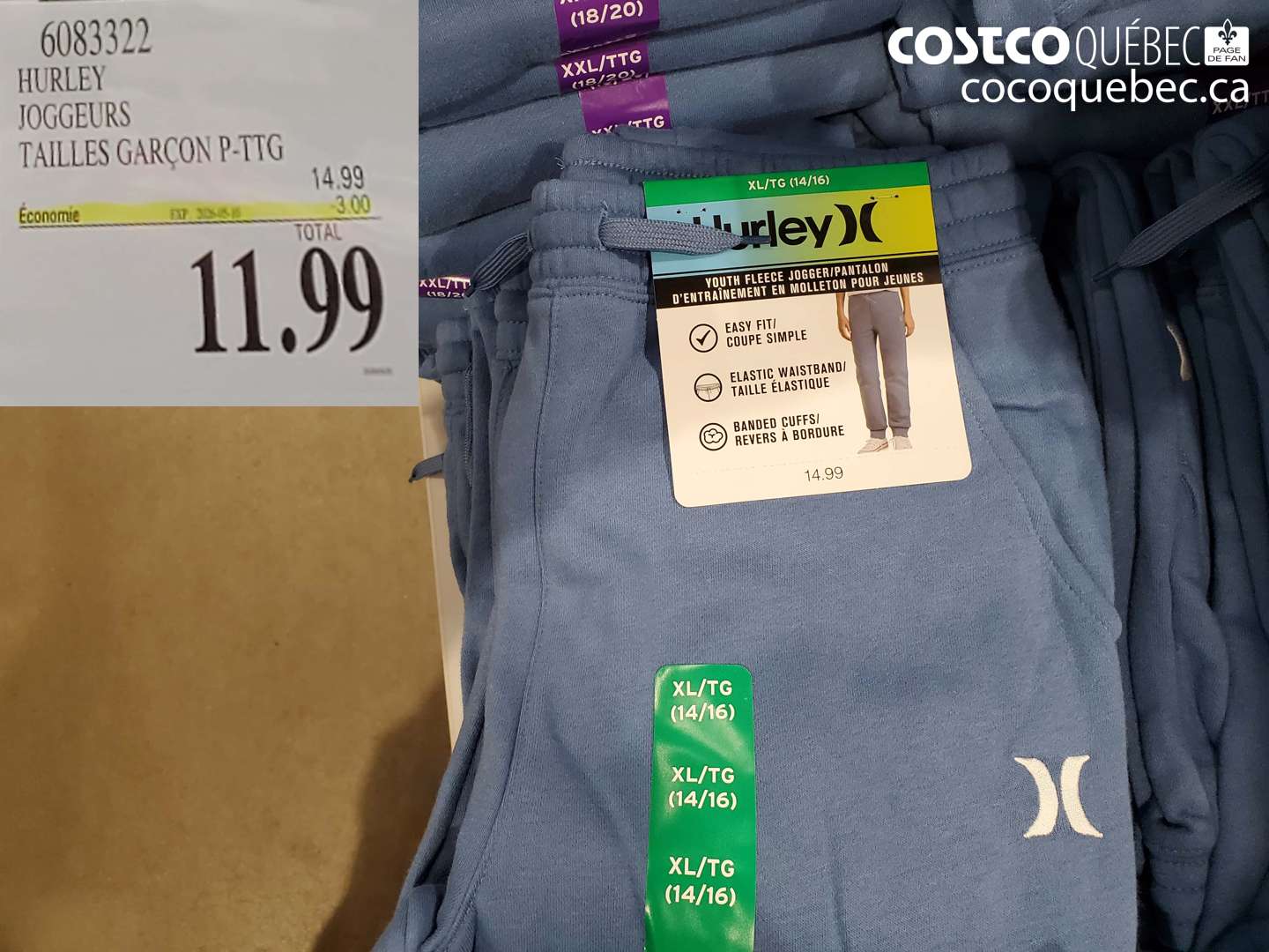 6083322 HURLEY JOGGEURS TAILLES GARÇON P.-TTG ($3.00 INSTANT SAVINGS EXPIRES ON 2026-05-10) $11.99