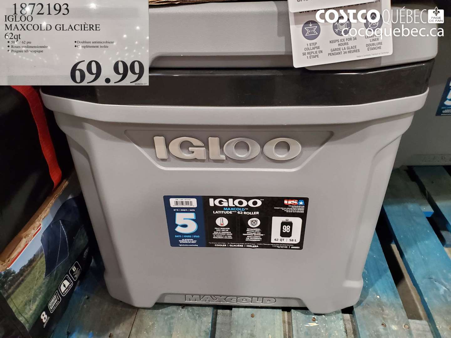 1872193 IGLOO MAXCOLD GLACIÈRE 62QT $69.99